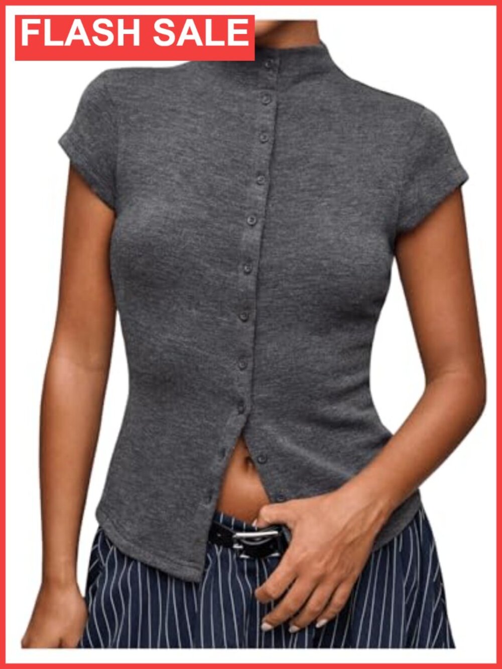 Milumia Women's Cap Sleeve Knit Top Mock Neck Button Down Sweater Top